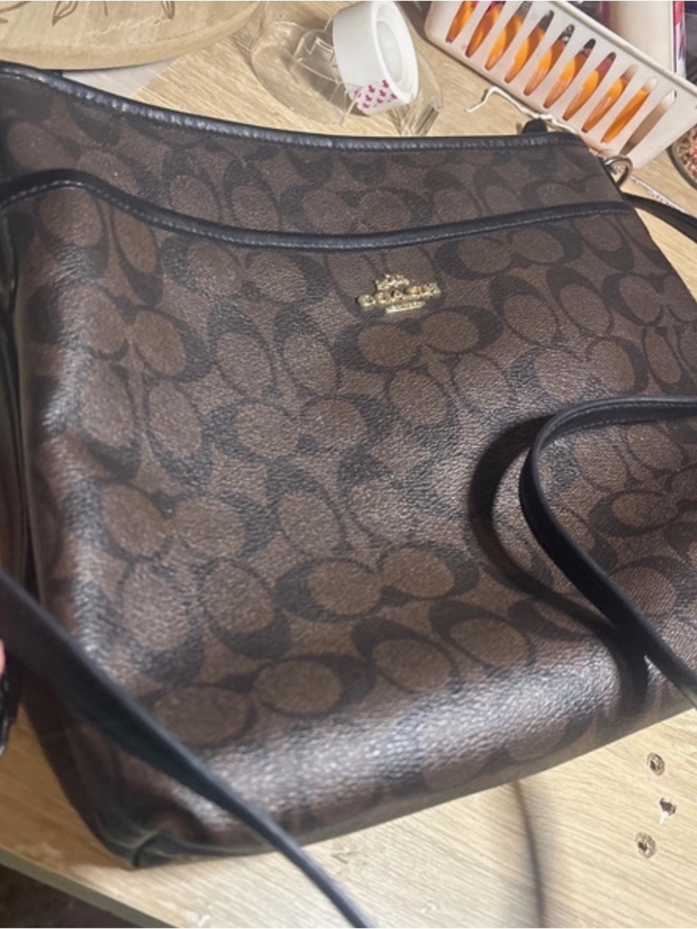 Coach Brown Signature Logo Shoulder Bag with Black Trim